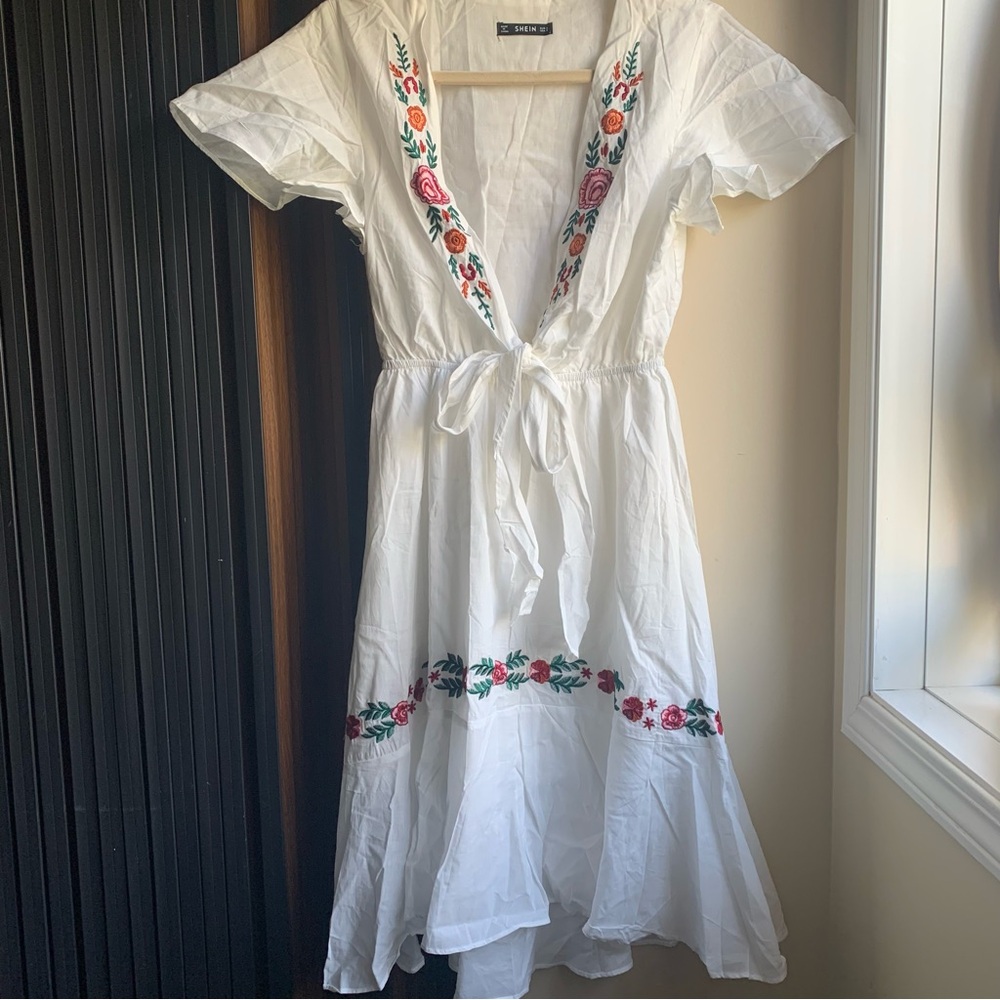 SHEIN White Dress with Floral Embroidery